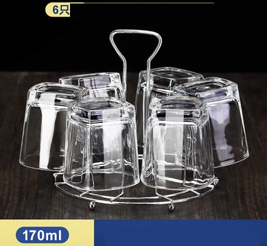 熱賣家用套裝水杯啤酒杯(規格:6只170ml矮四方+杯架 套裝）