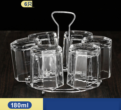 熱賣家用套裝水杯啤酒杯(規格:6只180ml矮八角+杯架 套裝）