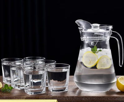 Hot selling transparent juice cup and water cup (specifications: 1.3L duckbill pot + 6 170ml short square cups)