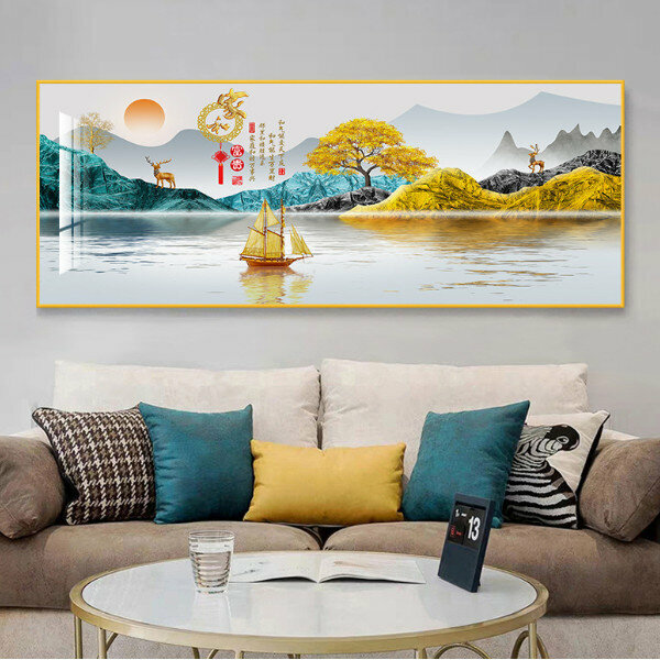 熱賣客廳裝飾掛畫【H生財有鹿 金色框】尺寸【240*100cm晶瓷面】