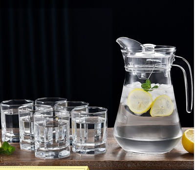 Hot selling transparent juice cup and water cup (specifications: 1.3L duckbill pot + 6 180ml short octagonal cups)