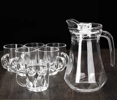 Hot Selling Transparent Juice Cup (Specifications: 1.3L duckbill pot + 6 227ml diamond handle cups)