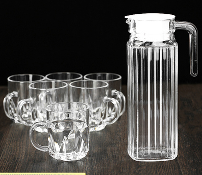 Hot selling transparent juice cup (specifications: 1.1L vertical jug + 6 227ml diamond handle cups)