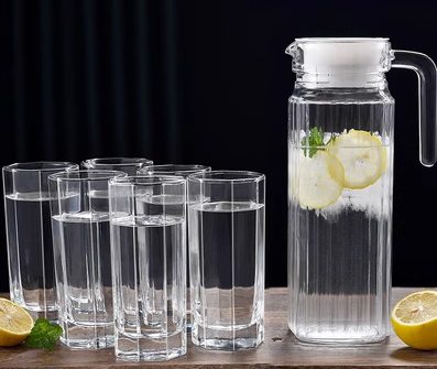 Hot selling transparent juice cup and water cup (specifications: 1.1L vertical jug + 6 260ml tall octagonal cups)