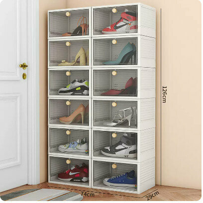 Popular transparent front-opening shoe box (pack of twelve [transparent white, size 48 available], size: 37x29x21cm)