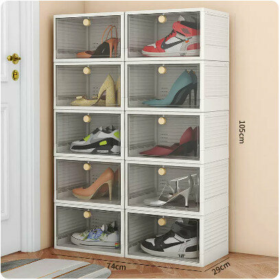 Popular transparent front-opening shoe box (pack of ten [transparent white, size 48 available], size: 37x29x21cm)