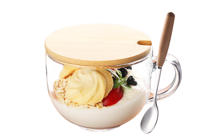 Popular large-capacity yogurt and oatmeal glass water cup with handle (specifications: lead-free heat-resistant ✅ cup + bamboo lid + wooden handle spoon)