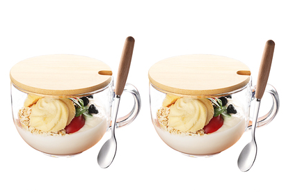 Popular large-capacity yogurt and oatmeal glass water cup with handle (specifications: 2 lead-free heat-resistant cups + 2 lids + 2 spoons)