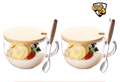 Popular large-capacity yogurt and oatmeal glass water cup with handle (specifications: 2 tempered anti-fall ❤ cups + 2 lids + 2 wooden spoons)