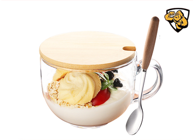 Popular large-capacity yogurt and oatmeal glass water cup with handle (specifications: tempered anti-fall ❤ cup + bamboo lid + wooden handle spoon)