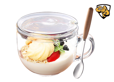 Popular large-capacity yogurt and oatmeal glass water cup with handle (specifications: tempered anti-fall ❤ cup + glass lid + wooden handle spoon)
