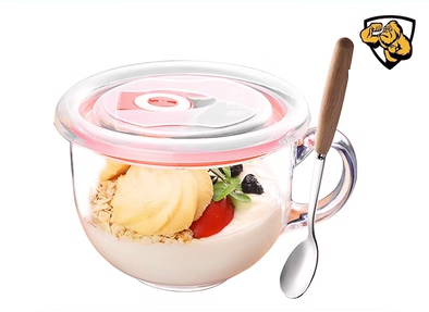 Popular large-capacity yogurt and oatmeal glass water cup with handle (specifications: tempered anti-fall ❤ cup + sealing lid + wooden handle spoon)
