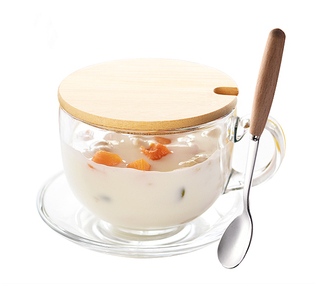 Popular large-capacity yogurt and oatmeal glass water cup with handle (specifications: lead-free heat-resistant ✅ cup + bamboo lid + wooden handle spoon + saucer)