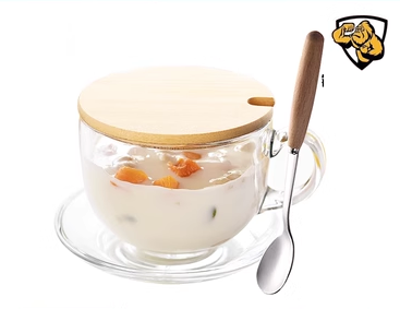 Popular large-capacity yogurt and oatmeal glass water cup with handle (specifications: tempered anti-fall ❤ cup + bamboo lid + wooden handle spoon + saucer)