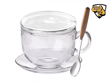 Popular large-capacity yogurt and oatmeal glass water cup with handle (specifications: tempered anti-fall ❤ cup + glass lid + wooden handle spoon + saucer)