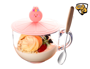 Popular large-capacity yogurt and oatmeal glass water cup with handle (specifications: tempered anti-fall ❤ cup + pink rabbit lid + wooden handle spoon)