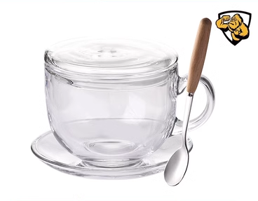 Popular large-capacity yogurt and oatmeal glass water cup with handle (specifications: tempered anti-fall ❤ cup + non-hole lid + wooden handle spoon + saucer)