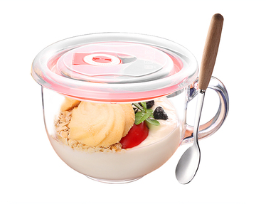 Popular large-capacity yogurt and oatmeal glass water cup with handle (specifications: lead-free heat-resistant ✅ cup + sealing lid + wooden handle spoon)