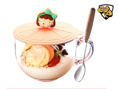 Popular large-capacity yogurt and oatmeal glass water cup with handle (specifications: tempered anti-fall ❤ cup + hairpin lid + wooden handle spoon)