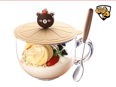 Popular large-capacity yogurt and oatmeal glass water cup with handle (specifications: tempered anti-fall ❤ cup + cute bear lid + wooden handle spoon)