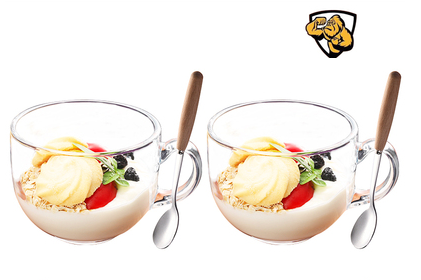 Popular large-capacity yogurt and oatmeal glass water cup with handle (specifications: 2 tempered anti-fall ❤ cups + 2 wooden handle spoons)