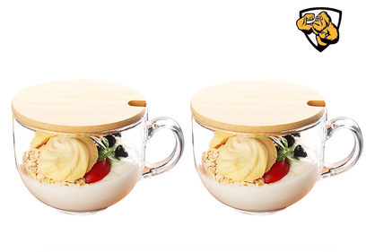 Popular large-capacity yogurt and oatmeal glass water cup with handle (specifications: 2 tempered anti-fall ❤ cups + 2 bamboo lids)