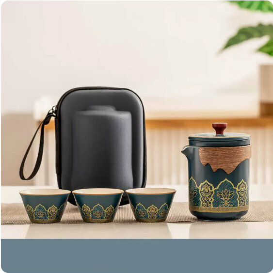 爆款戶外便攜式茶具套裝(霽藍《古茗》一壺三杯+便攜包）