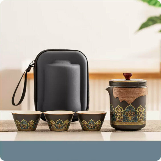 爆款戶外便攜式茶具套裝(雅黑《古茗》一壺三杯+便攜包）