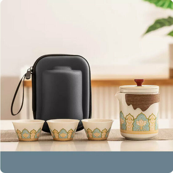 爆款戶外便攜式茶具套裝(月白《古茗》一壺三杯+便攜包）