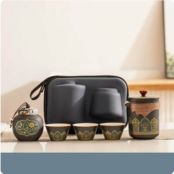 爆款戶外便攜式茶具套裝(雅黑《古茗》一壺三杯+茶葉罐+便攜包）