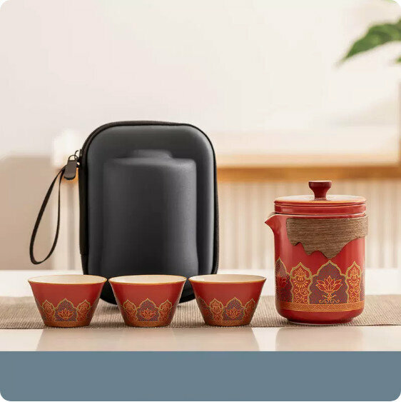 爆款戶外便攜式茶具套裝(玫紅《古茗》一壺三杯+便攜包）