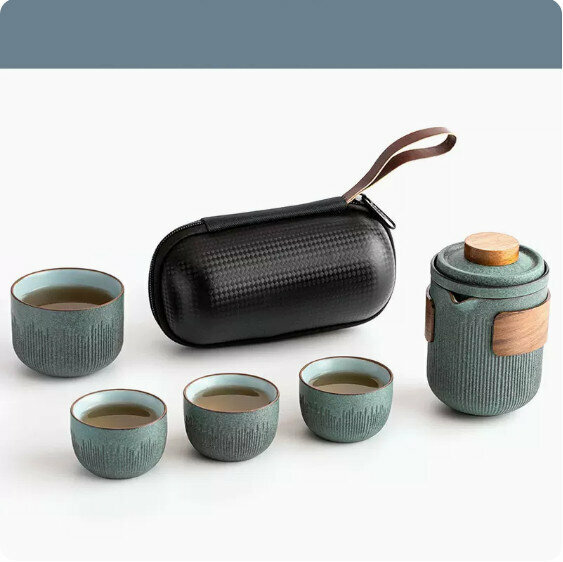 Popular outdoor portable tea set (bluestone glaze vertical pattern "Mo Yan" one pot and four cups travel tea set)