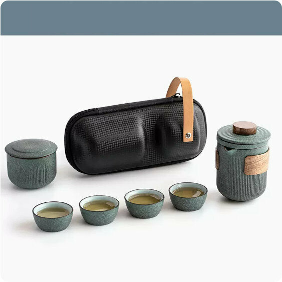 Popular outdoor portable tea set and toilet set (bluestone glaze vertical pattern "Mo Yan" one pot four cups travel tea set + tea can)