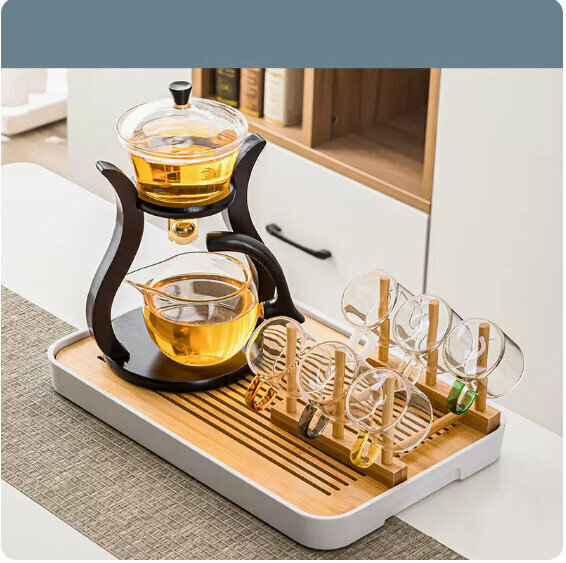 爆款家用辦公室茶具套裝(6彩把杯《邀月》自動茶具+杯架+大長方密胺盤白）
