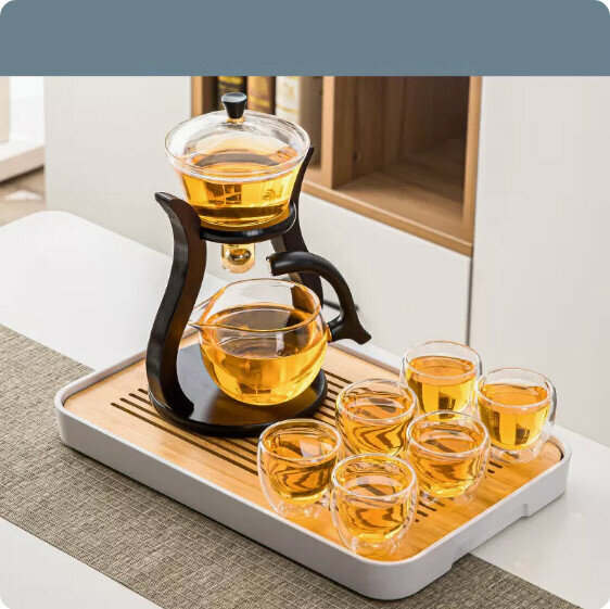 爆款家用辦公室茶具套裝(雙層杯《邀月》自動茶具+大長方密胺盤白）