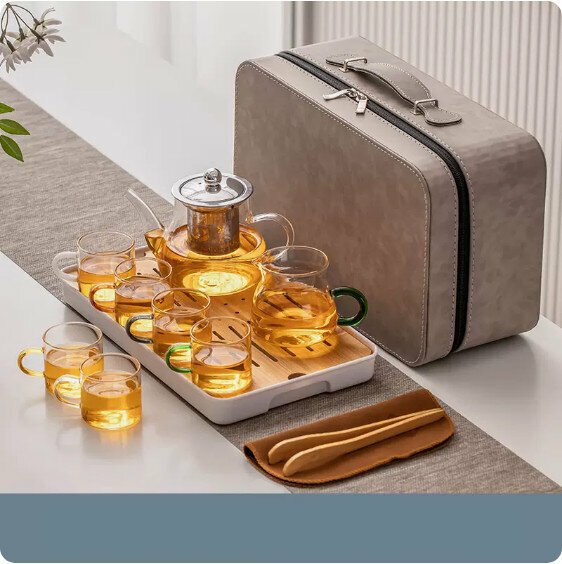 Popular outdoor portable tea set (transparent "Eight Horses Pot" 6-color cup eight-piece set + tea-character melamine tray + travel bag (grey))