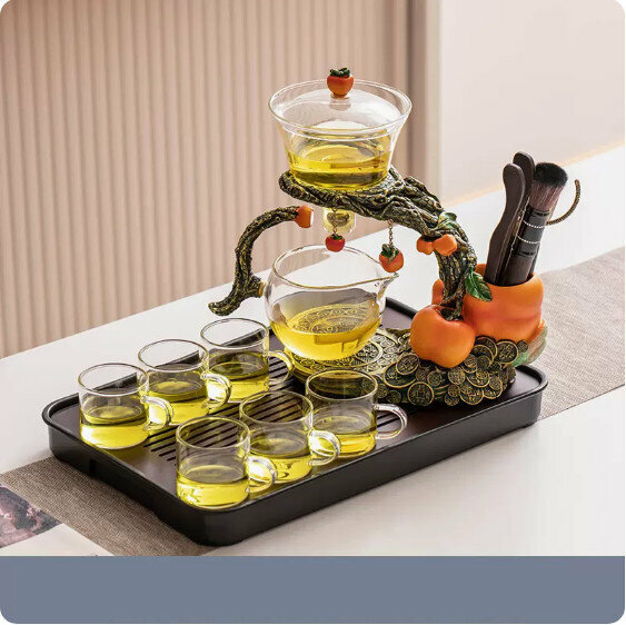 爆款家用功夫茶具套裝家(透明《柿柿如意》茶道版自動泡茶具7件套+胡桃色大長方密胺盤）