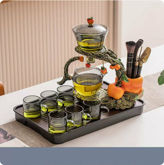 爆款家用功夫茶具套裝家(青灰《柿柿如意》茶道版自動泡茶具7件套+胡桃色大長方密胺盤）