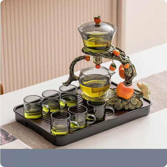爆款家用功夫茶具套裝家(青灰《柿柿如意》自動泡茶具7件套+胡桃色大長方密胺盤）
