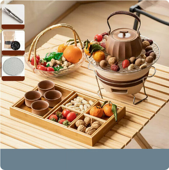 Hot-selling indoor tea-making set around the stove (vertical pattern "Gu Ming" beam kettle + medium "Elegant" charcoal stove + anti-scalding iron rack + grilling net + 4 cups of Gu Ming + dried fruit plate for tea (small) + fruit basket)