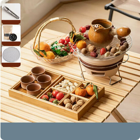 Hot-selling indoor tea-making set around the stove (striped "Chungy Yangu" side-handled pot + medium-sized "Elegant" charcoal stove + anti-scalding iron rack + grilling net + Gu Ming 4 cups + dried fruit plate for tea (small) + fruit basket)
