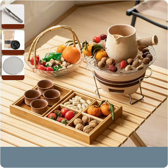 Hot-selling indoor tea-making set by the stove (striped "Yueyan" side-handled pot + medium-sized "Elegance" charcoal stove + anti-scalding iron rack + grilling net + Gu Ming 4 cups + tea snack dried fruit plate (small) + fruit basket)