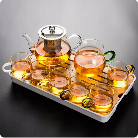 爆款家用耐熱玻璃功夫茶具套裝【透明把《八駿壺》6彩把杯+綠柄公杯+小長方密胺盤】