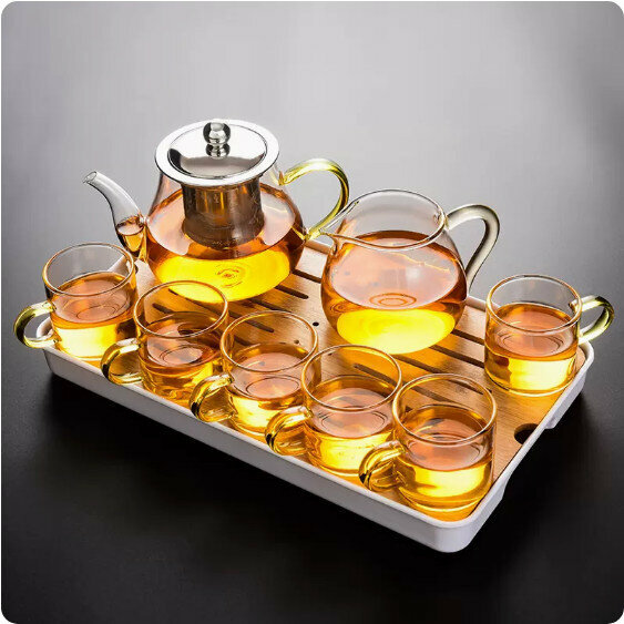 爆款家用耐熱玻璃功夫茶具套裝【金把《八駿壺》6個金把杯+金三角公杯+小長方密胺盤】