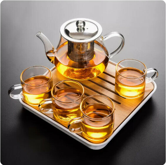 爆款家用耐熱玻璃功夫茶具套裝【透明把《八駿壺》4個把杯+小四方盤】