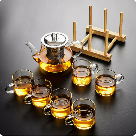 爆款家用耐熱玻璃功夫茶具套裝【透明把《八駿壺》6個把杯+梯形杯架】