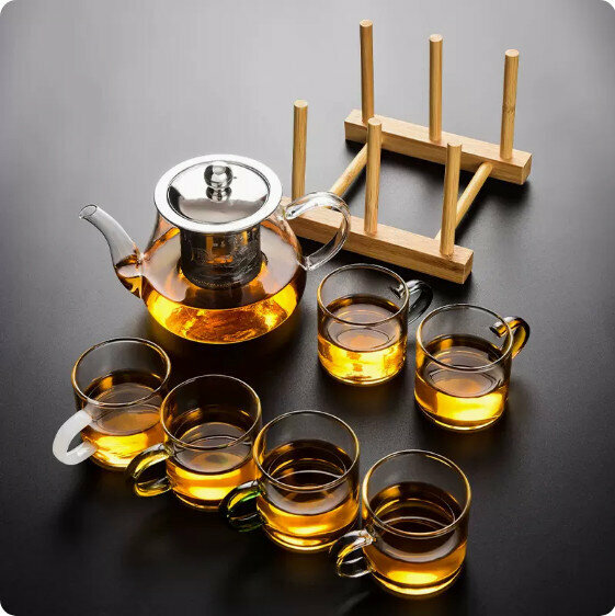 爆款家用耐熱玻璃功夫茶具套裝【透明把《八駿壺》6彩把杯+梯形杯架】