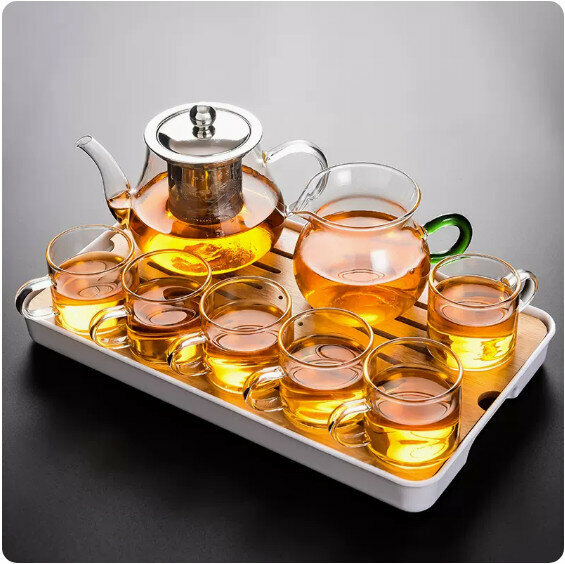 爆款家用耐熱玻璃功夫茶具套裝【透明把《八駿壺》6個把杯+綠柄公杯+小長方密胺盤】