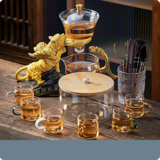 爆款家用玻璃茶具套裝【金色《如虎添翼》玻璃泡茶器+六彩杯+茶洗+茶道】