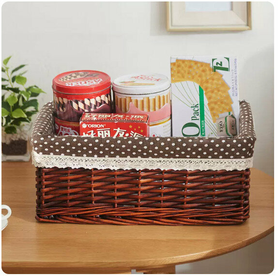 Popular fabric rattan storage basket shelf storage rack [brown basket dotted with fabric] [extra large [40*30*16cm]]